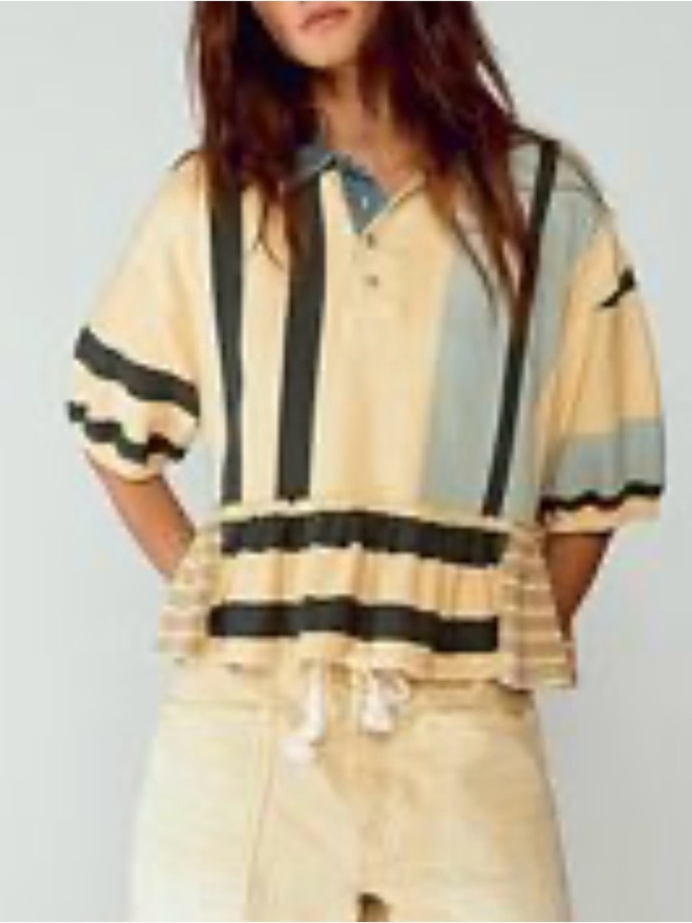 Free People Striped Drawstring Polo Top - Beige, Black, Light Blue